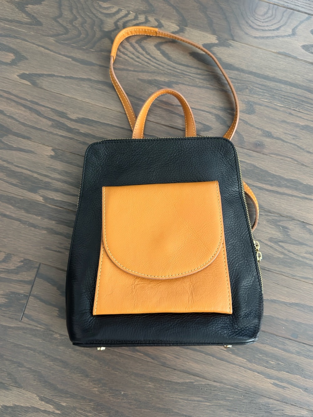 Divina Firenze Italian Leather Convertible Backpack in Pebbled Black/Tan Leather
